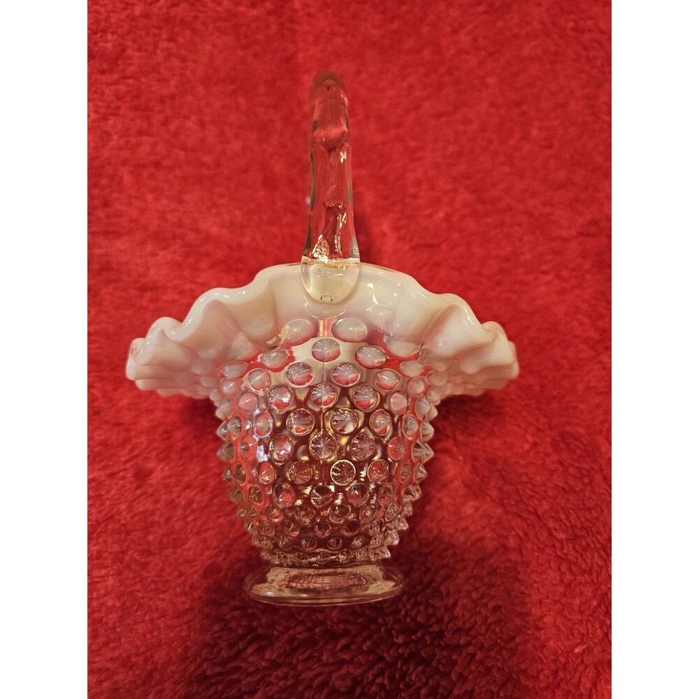 Vintage Small Fenton Hobnail Clear Glass Basket With Ruffled Edge 6.5" Tall  EUC